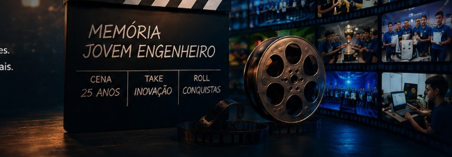 Composição cinematográfica: claquete, rolo de filme e mosaico de conquistas dos alunos